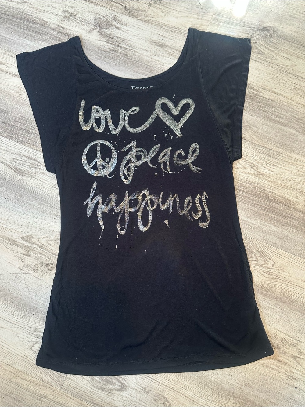Decree Black Short Sleeve Tee with Silver 'Love Peace Happiness' Graphic